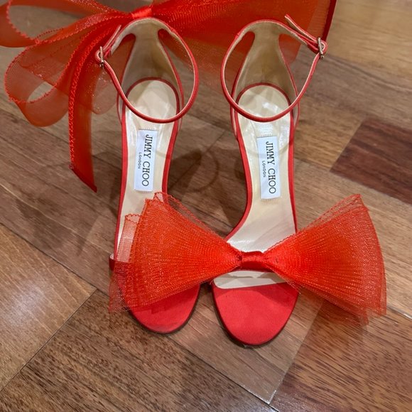 Jimmy Choo Aveline 100 Bow Ankle Strap Sandal Siletto in Red - Size 38.5 / 8 US - Picture 4 of 16